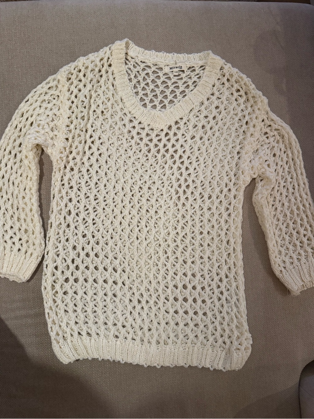 Miracle Cream Open Weave V-Neck Sweater